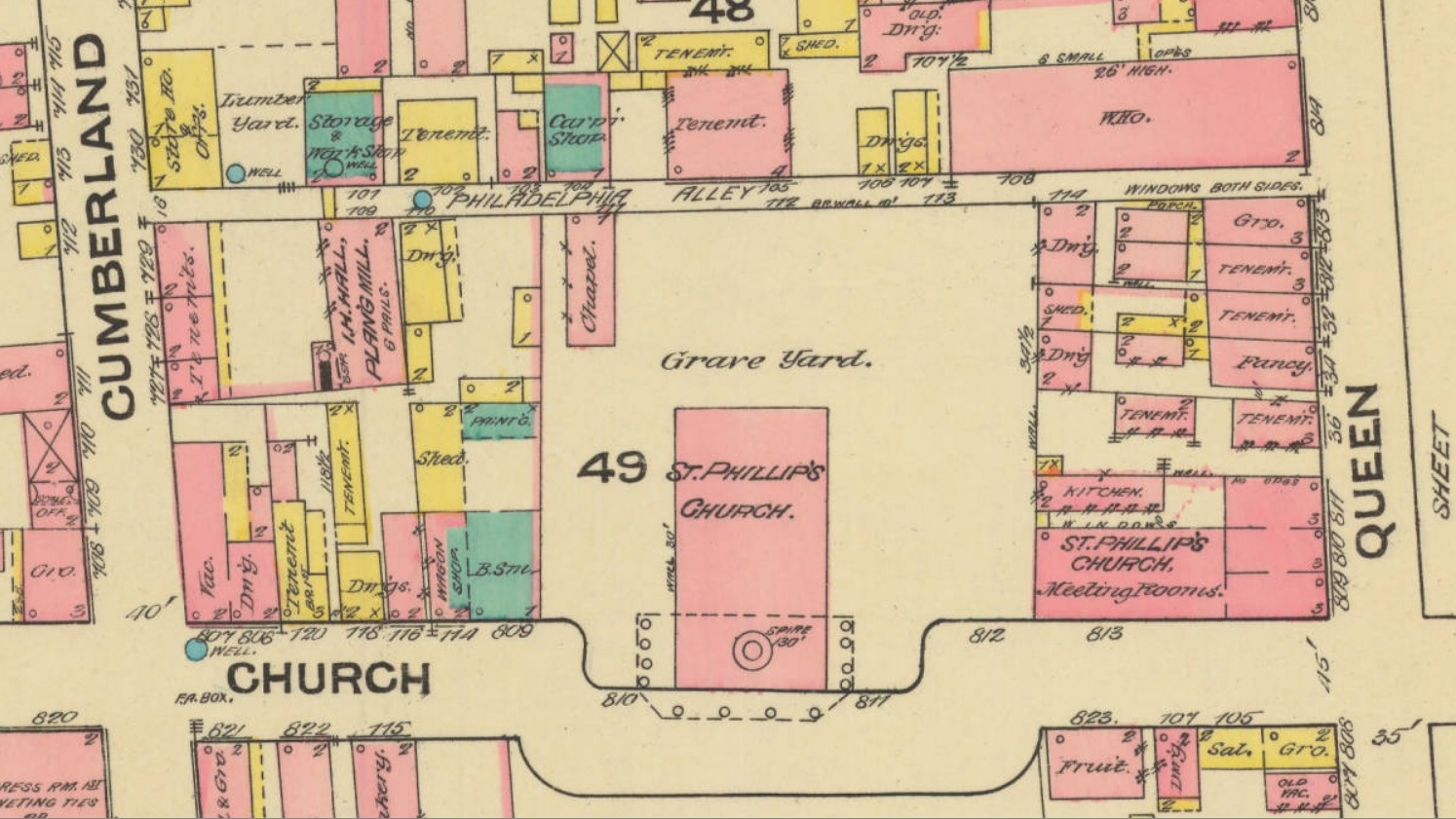 A view of Philadelphia Alley from the 1884 edition of the Sanborn Fire Insurance Map of Charleston