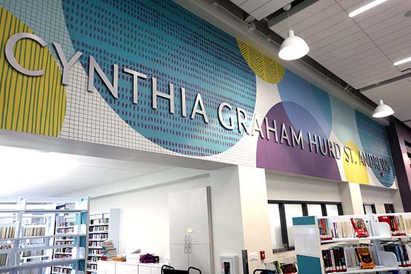 Library sign inside of the Hurd/St. Andrews library.