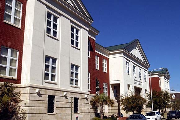 Exterior of the Main library in downtown Charleston.