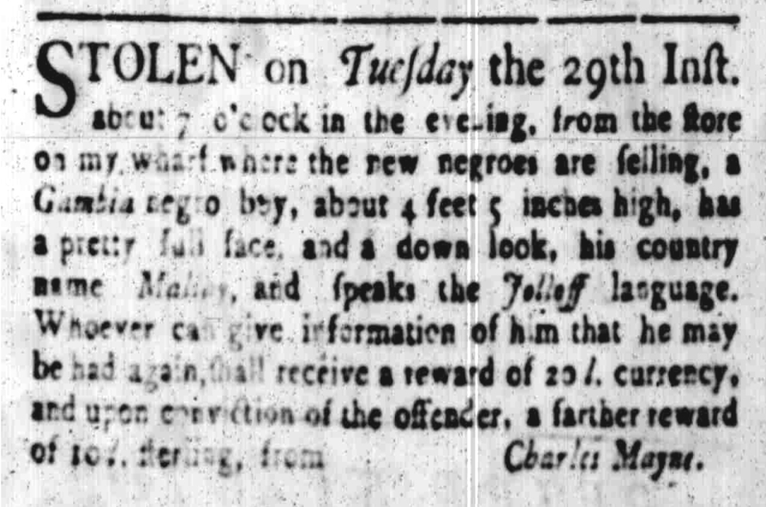 An ad for a missing African boy from a store by the wharf as seen in the Jan. 29, 1756 edition of the SC Gazette.