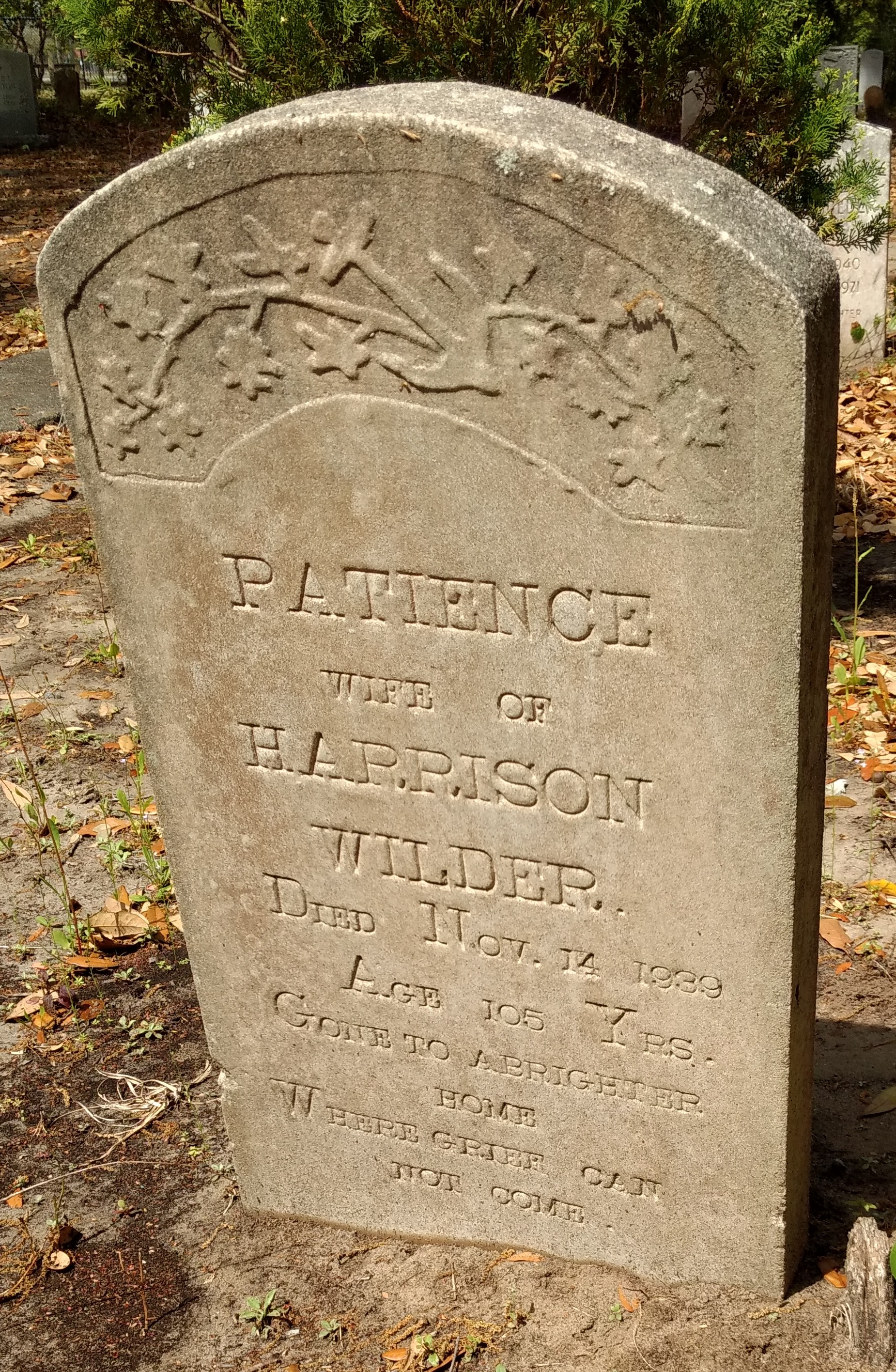 Grave marker for Patience Wilder.