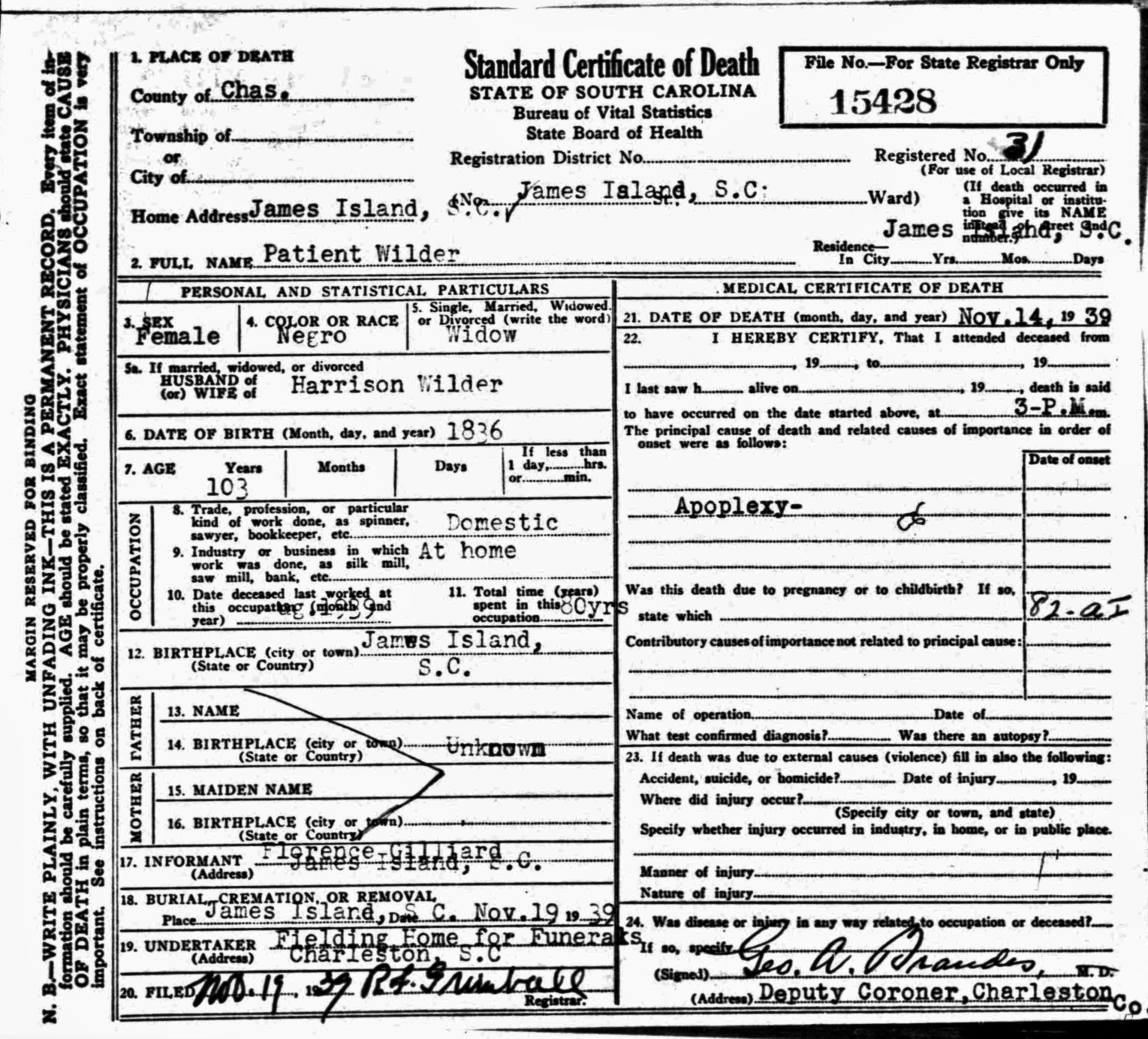 Death Cerificate for Patience (Patient) Wilder