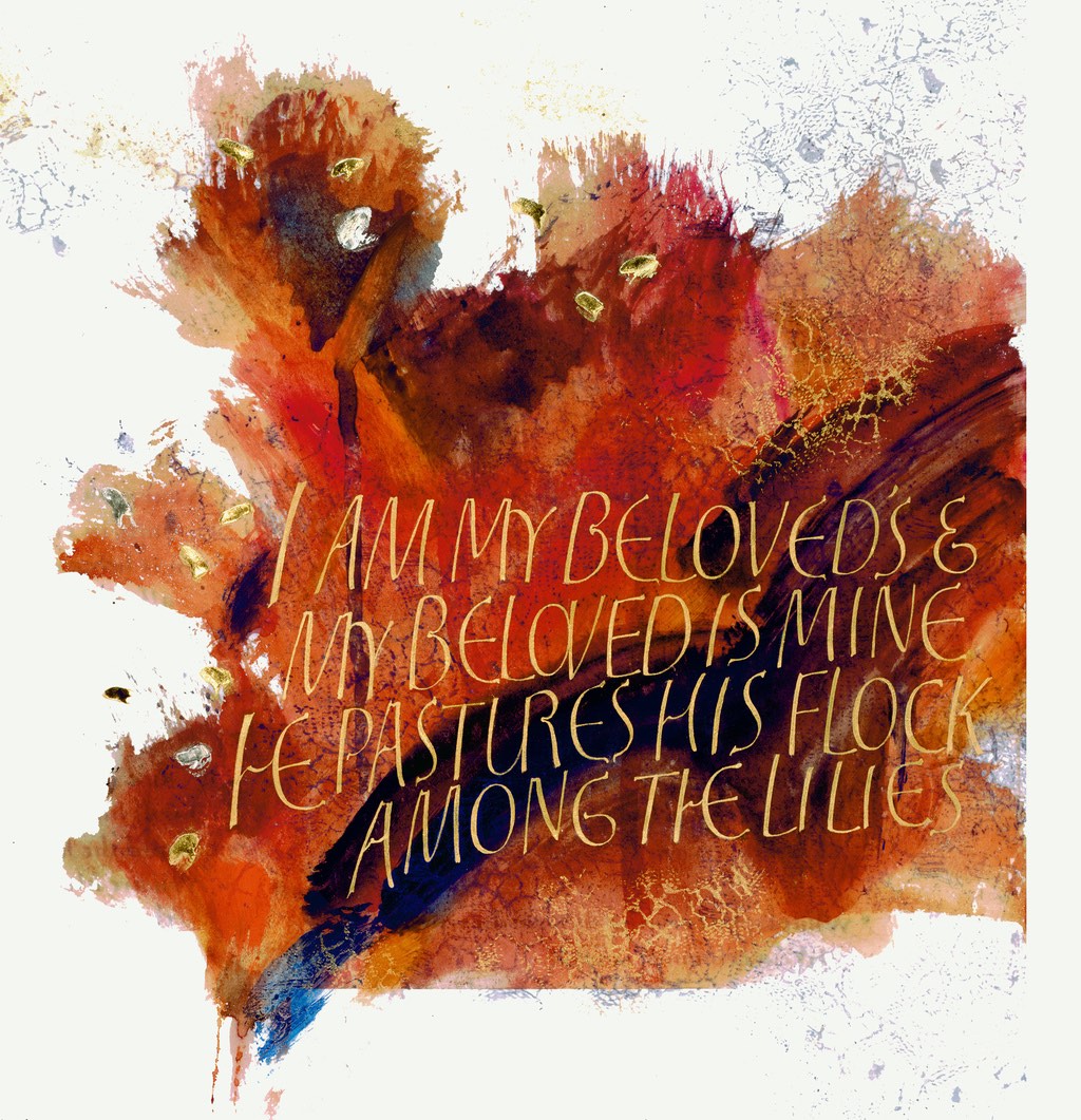 The Saint John's Bible, "I Am My Beloved's" red and gold illumination from Volume 3