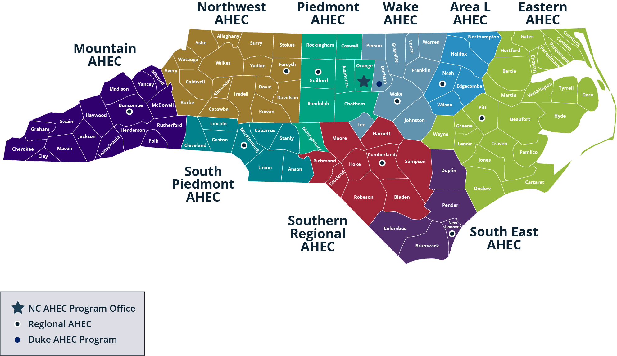 Multi-colored map of North Carolina divided into AHEC regions